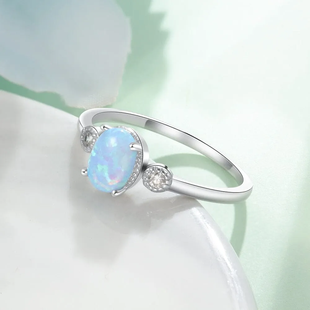 Blue Oval Stone Opal CZ Ring - 925 Sterling Silver