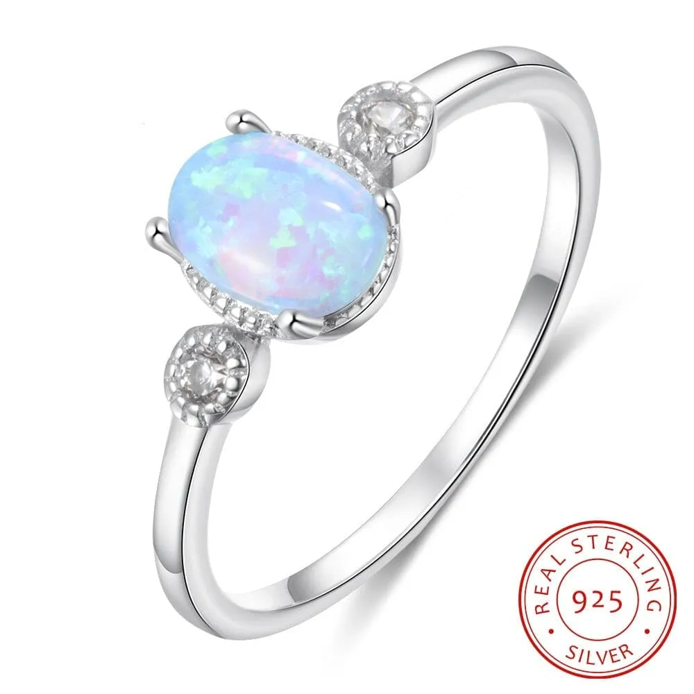 Blue Oval Stone Opal CZ Ring - 925 Sterling Silver