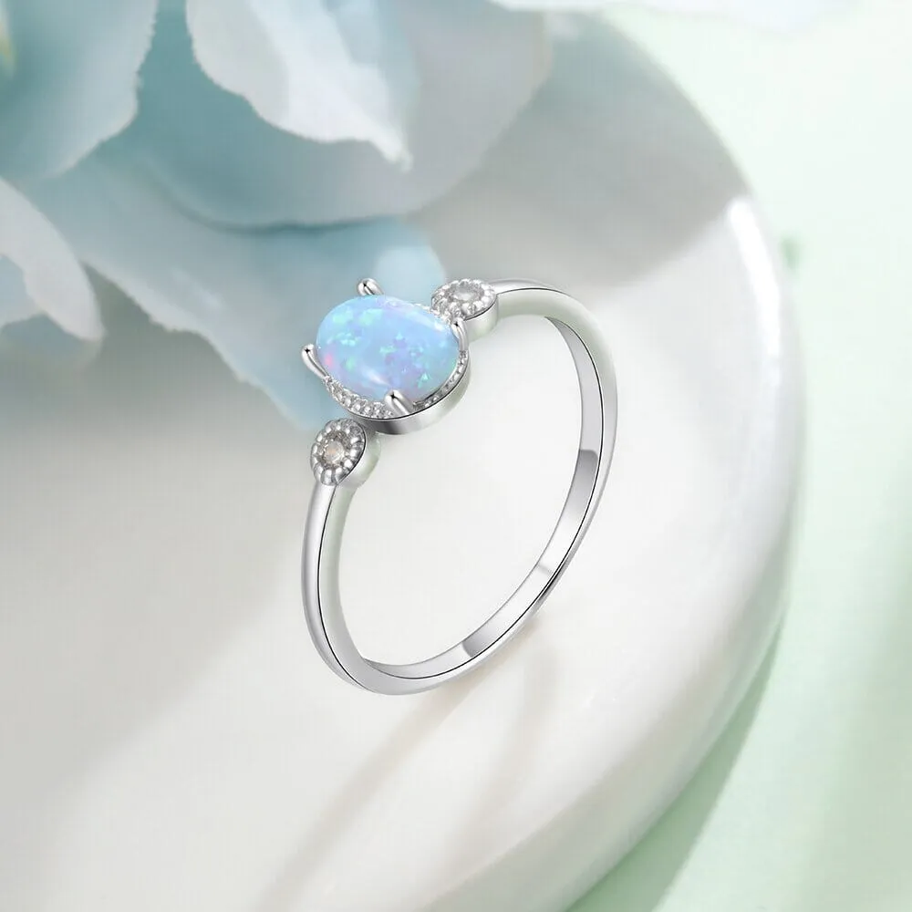 Blue Oval Stone Opal CZ Ring - 925 Sterling Silver