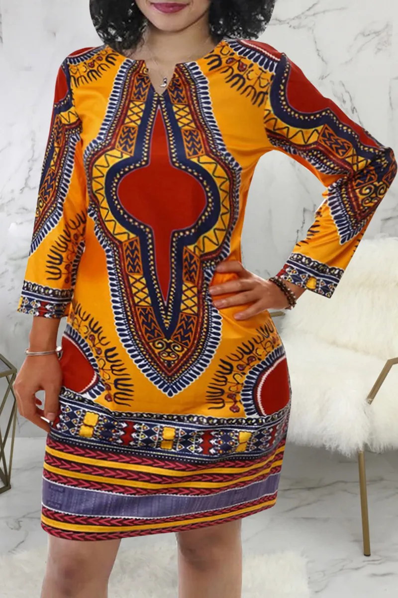 Bohemian Print Patchwork O Neck Straight Dresses