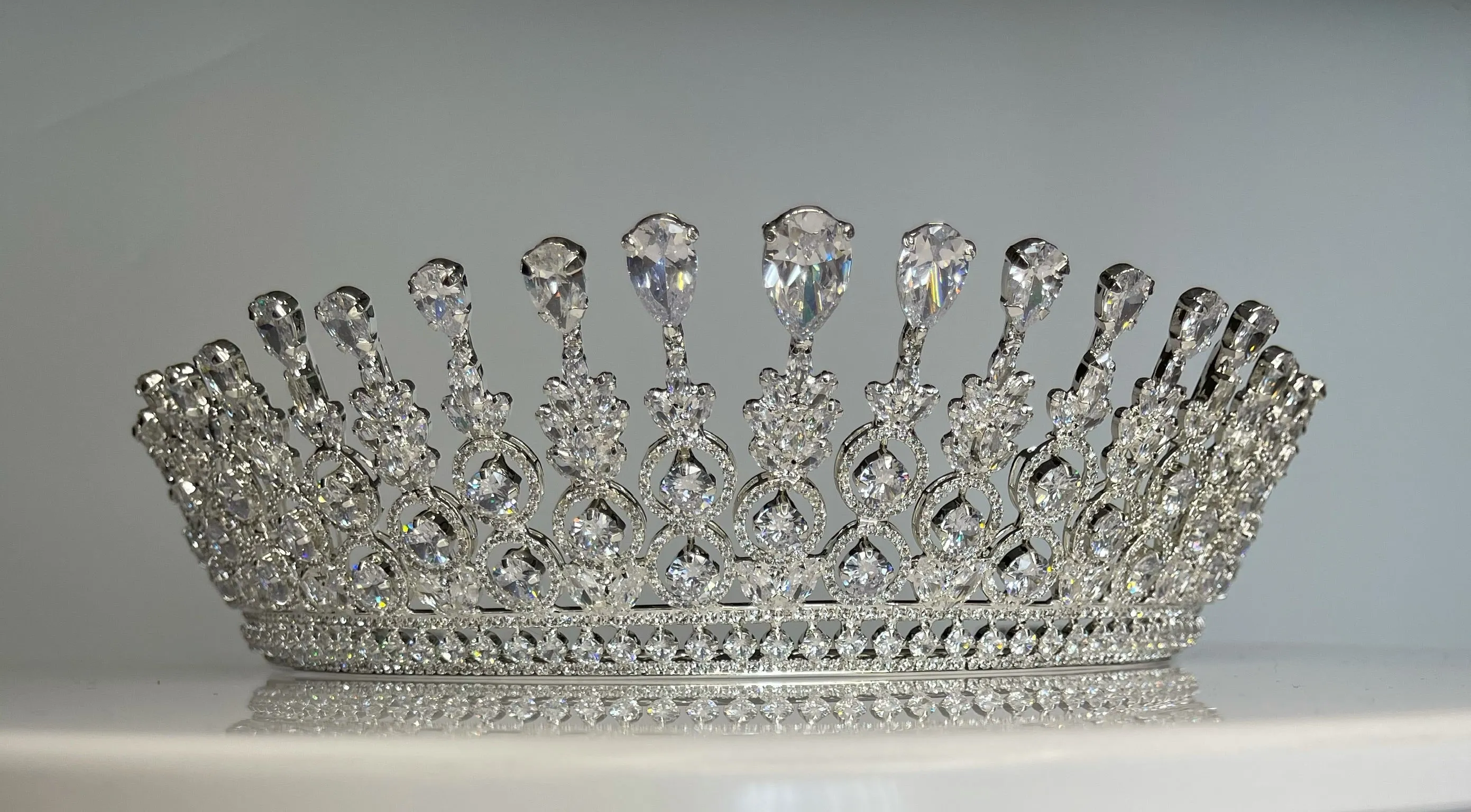 Bridal Crown - Tiara Circles and Teardrop Style Zircon Stones and Silver Coated Material