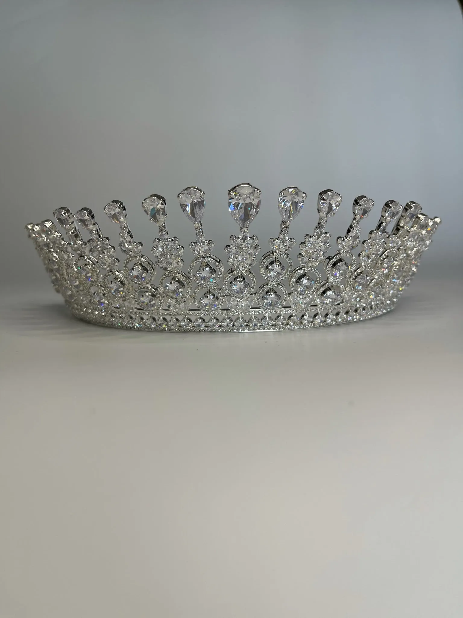 Bridal Crown - Tiara Circles and Teardrop Style Zircon Stones and Silver Coated Material