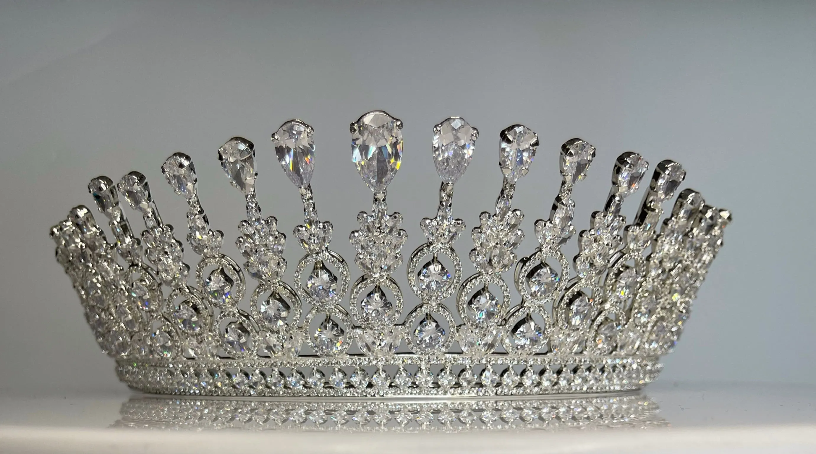 Bridal Crown - Tiara Circles and Teardrop Style Zircon Stones and Silver Coated Material