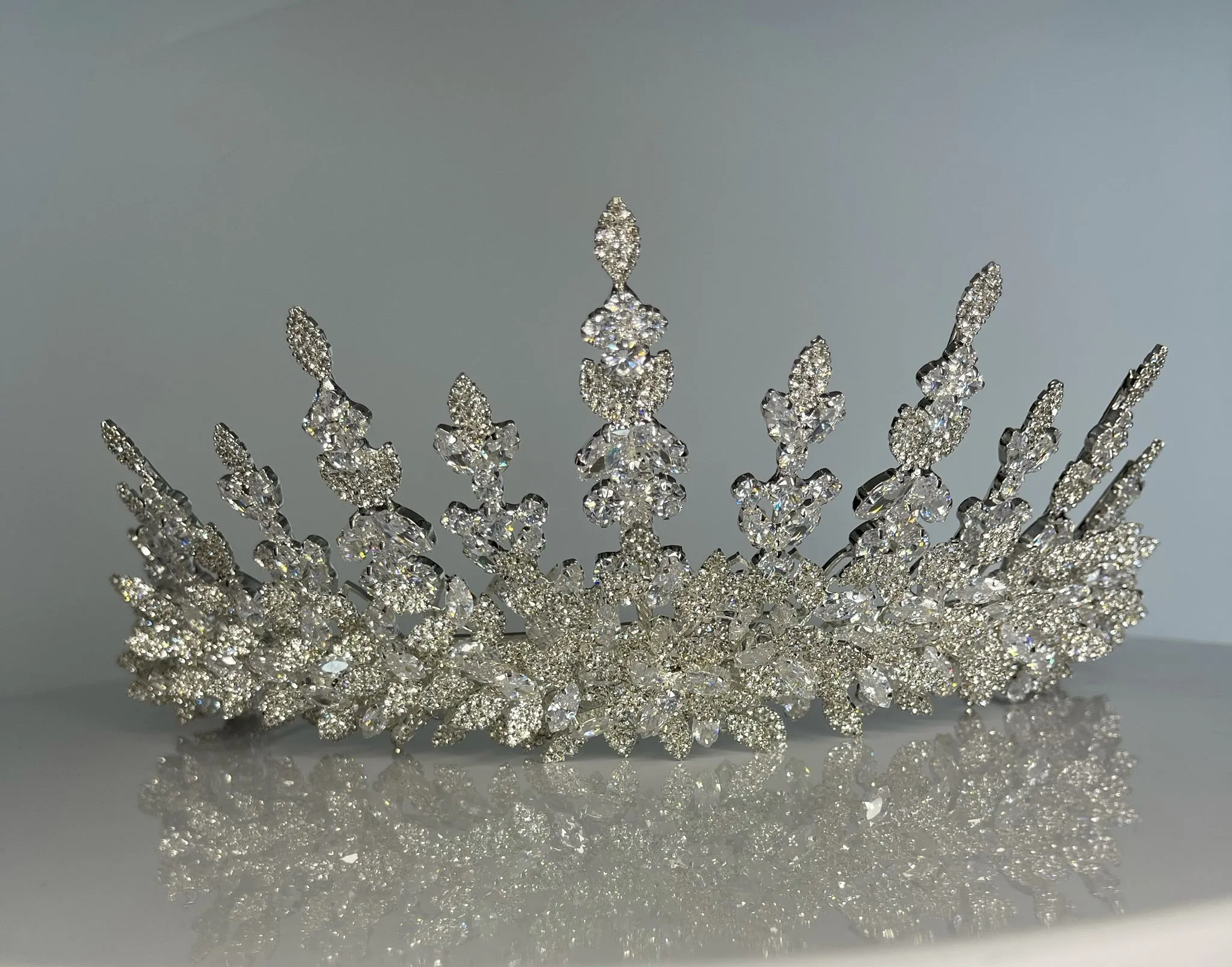 Bridal Crown - Tiara Leaf and Flowers Style Zircon Stones and Silver Coated Material