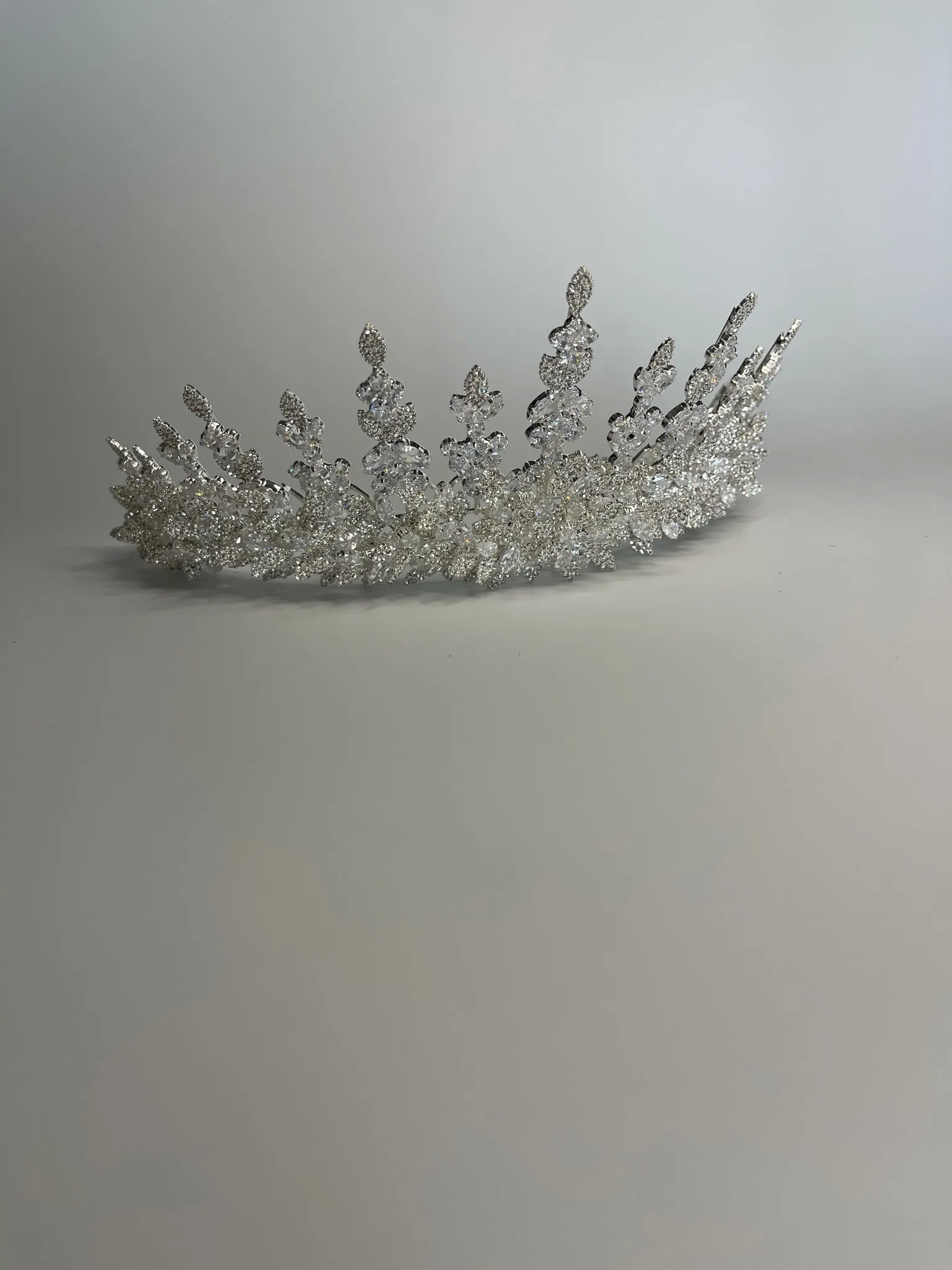 Bridal Crown - Tiara Leaf and Flowers Style Zircon Stones and Silver Coated Material