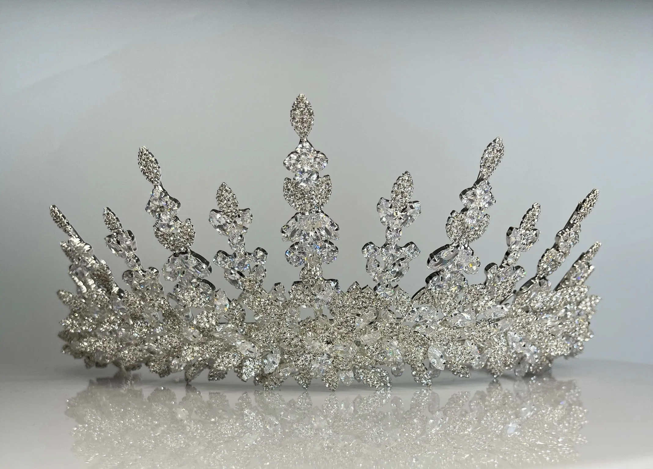 Bridal Crown - Tiara Leaf and Flowers Style Zircon Stones and Silver Coated Material