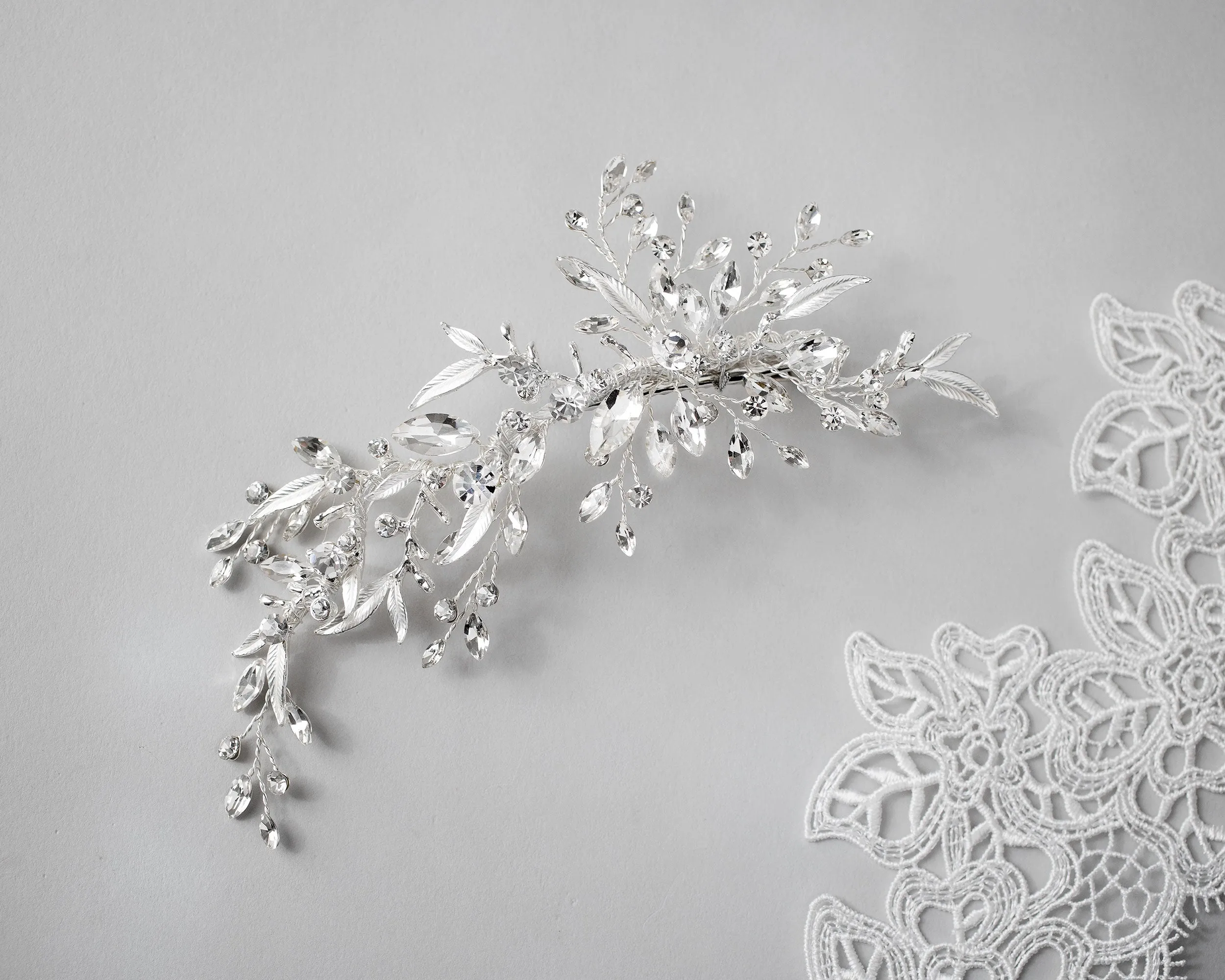 Bridal Hair Clip of Silver Narrow Leaves and Crystals