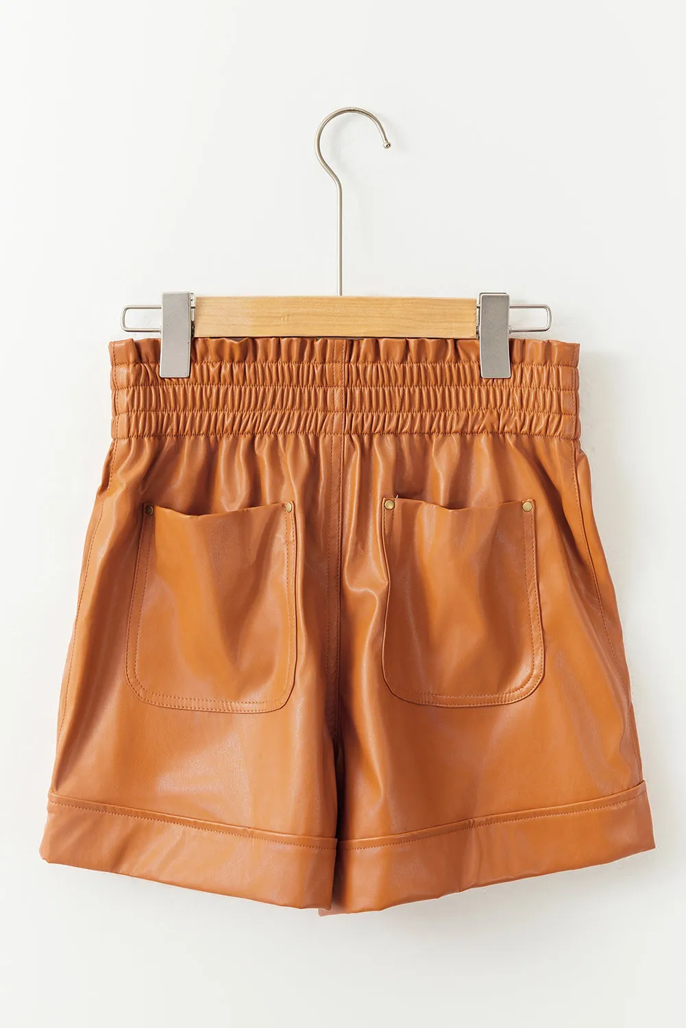 Brown Patch Pockets Faux Leather High Rise Shorts