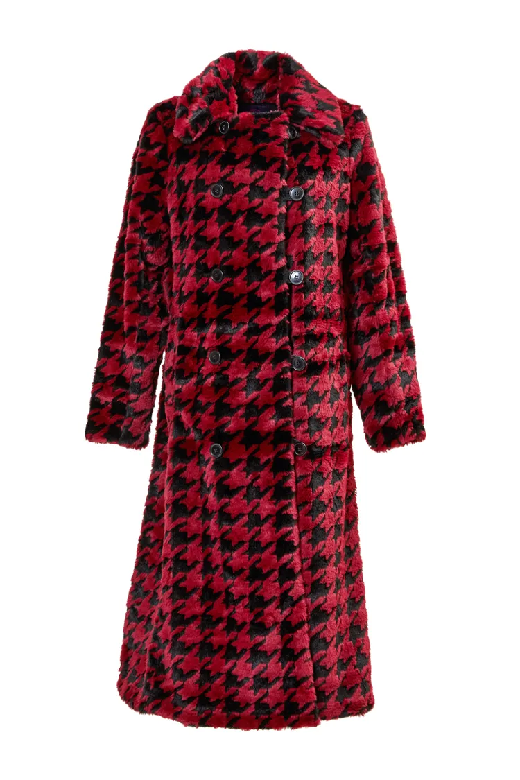 Catherine Houndstooth Coat Faux Fur in Bordeaux