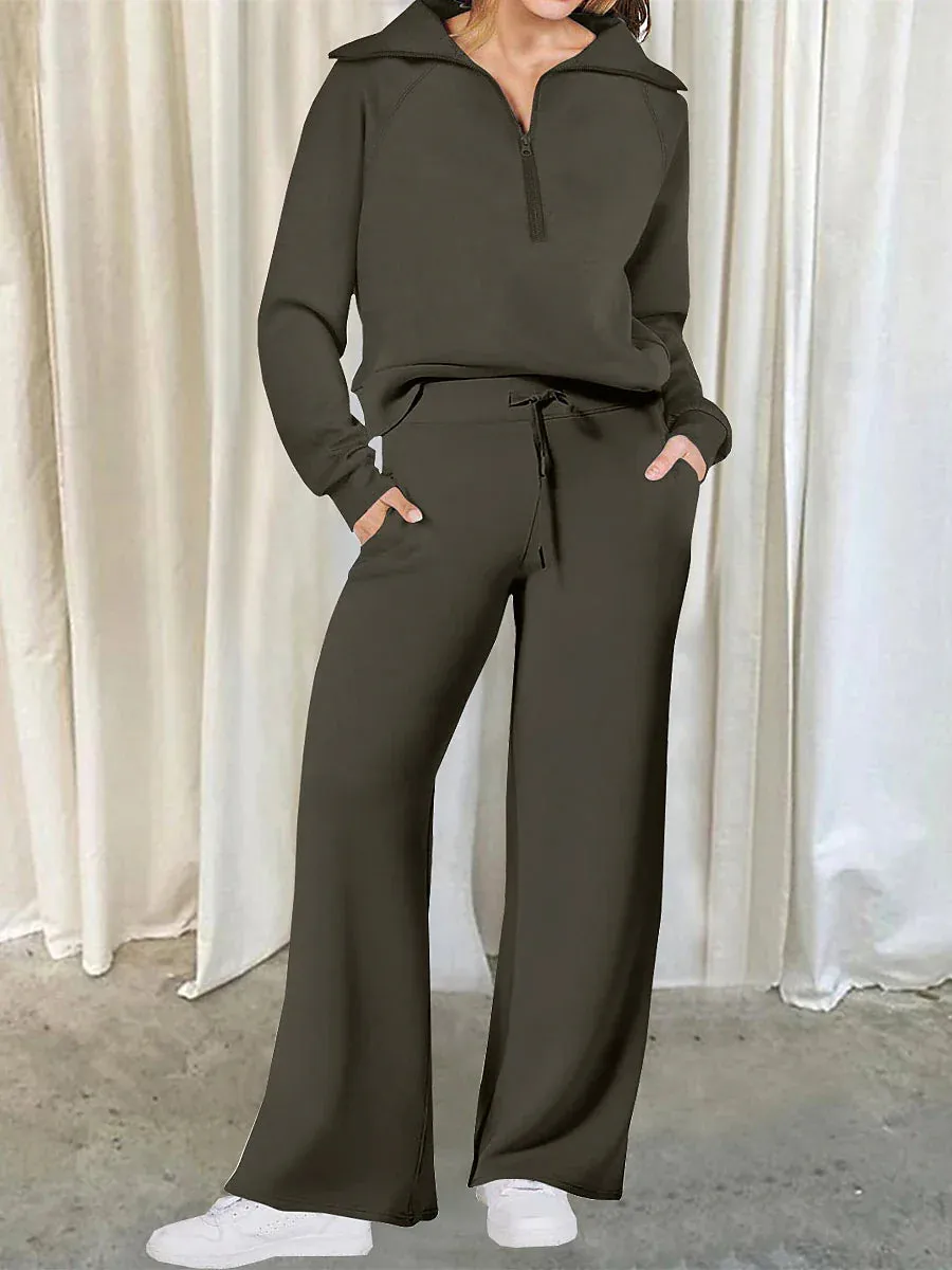 Chic Lapel Long Sleeve Loungewear Set for Women with Pant Pocket