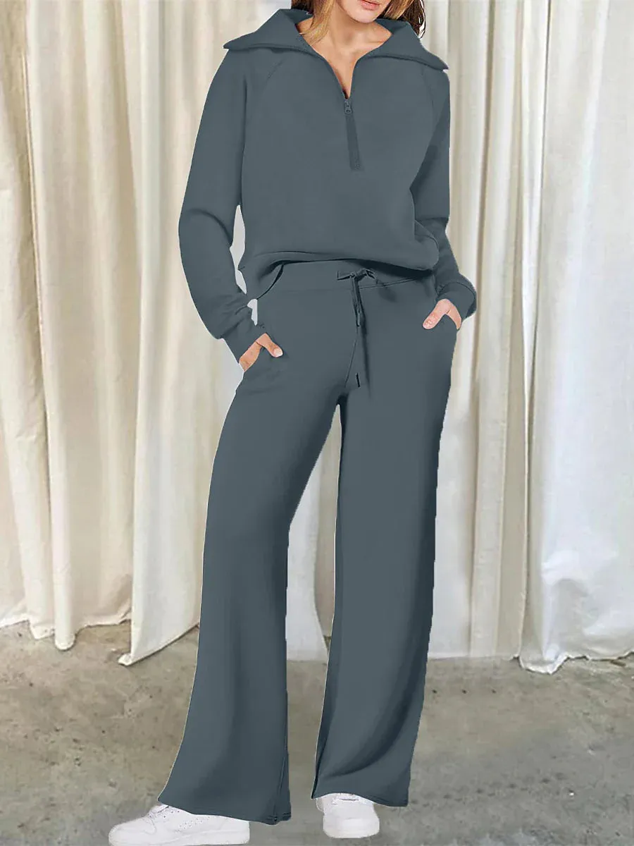 Chic Lapel Long Sleeve Loungewear Set for Women with Pant Pocket