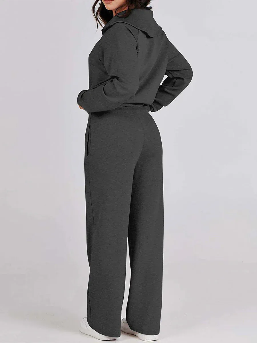 Chic Lapel Long Sleeve Loungewear Set for Women with Pant Pocket