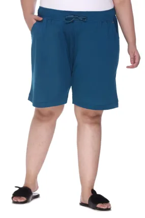 Cotton Shorts For Women - Plain Bermuda - Teal Blue