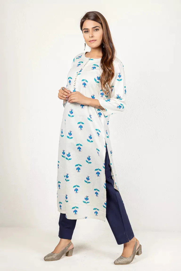 Cream With Turquoise Blue Cotton Flax Kurta