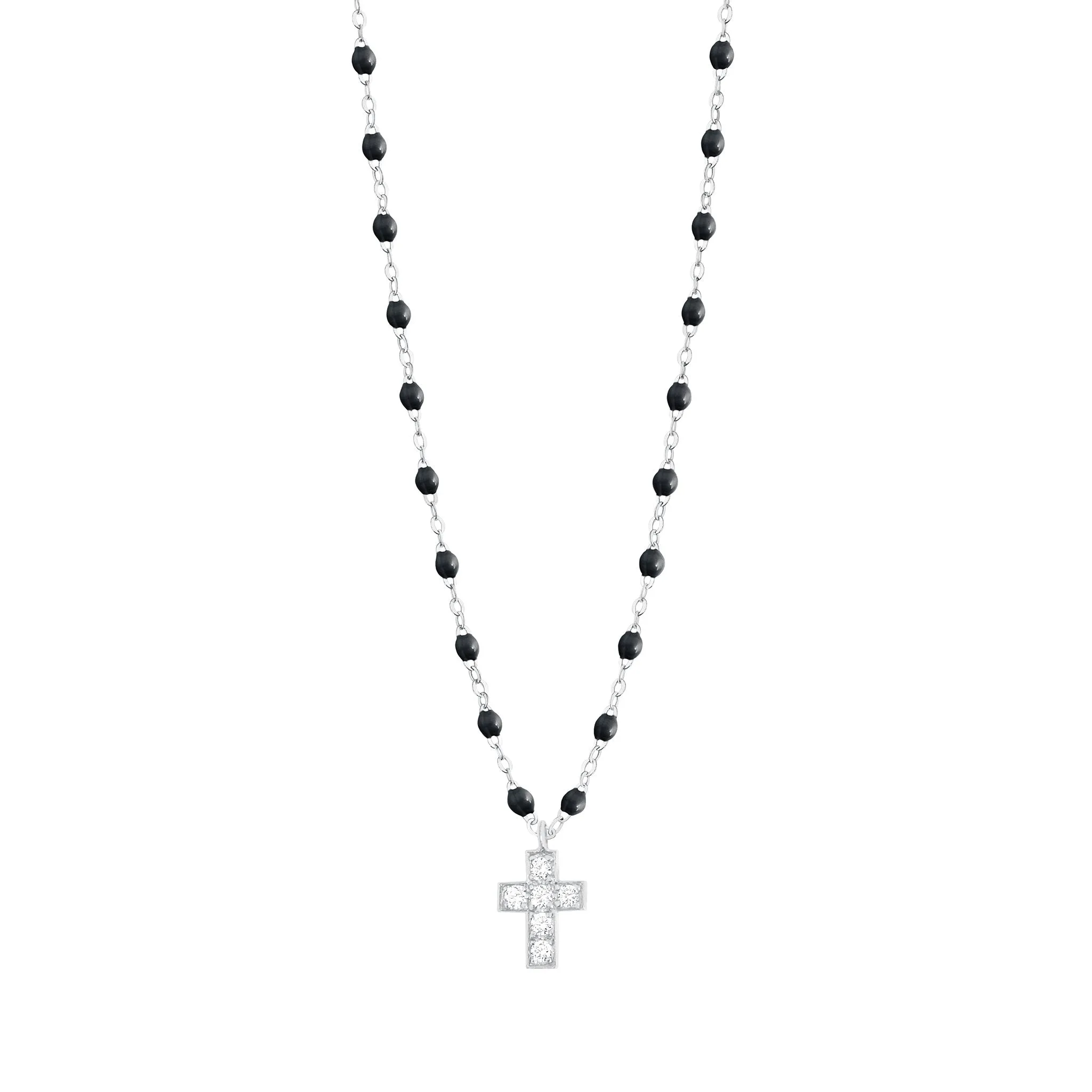 Cross Charm Classic Gigi Black diamond necklace, White Gold, 16.5"