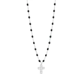 Cross Charm Classic Gigi Black diamond necklace, White Gold, 16.5"