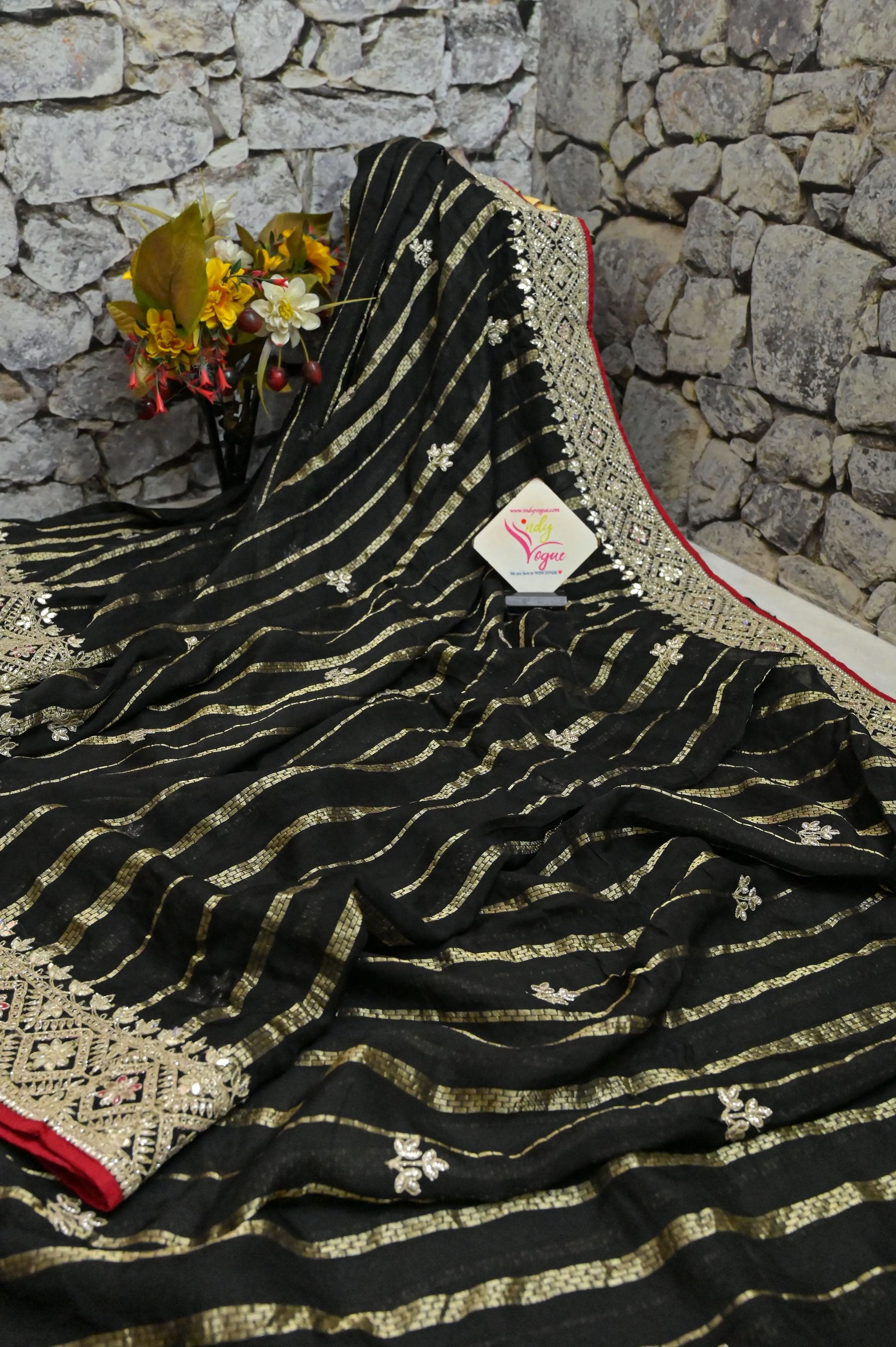 Dark Black Color Georgette Saree with Zari Work