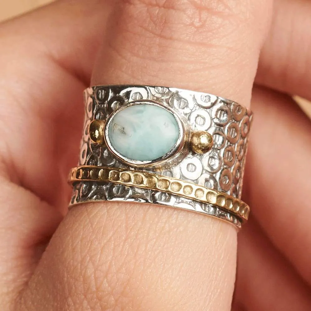 Dominican Larimar Gemstone Ring, Spinner Ring, Meditation Ring, Fidget Ring, Handmade Ring, Thumb Ring, Band Ring