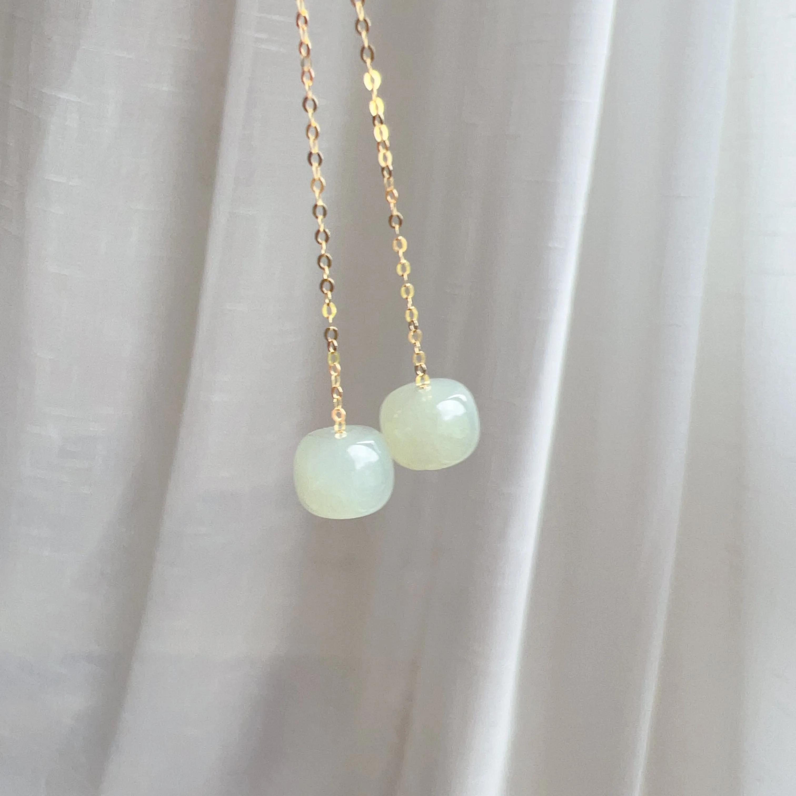 Elegant Earrings - High Quality Green Nephrite with 18K Yellow Gold Earring Chains