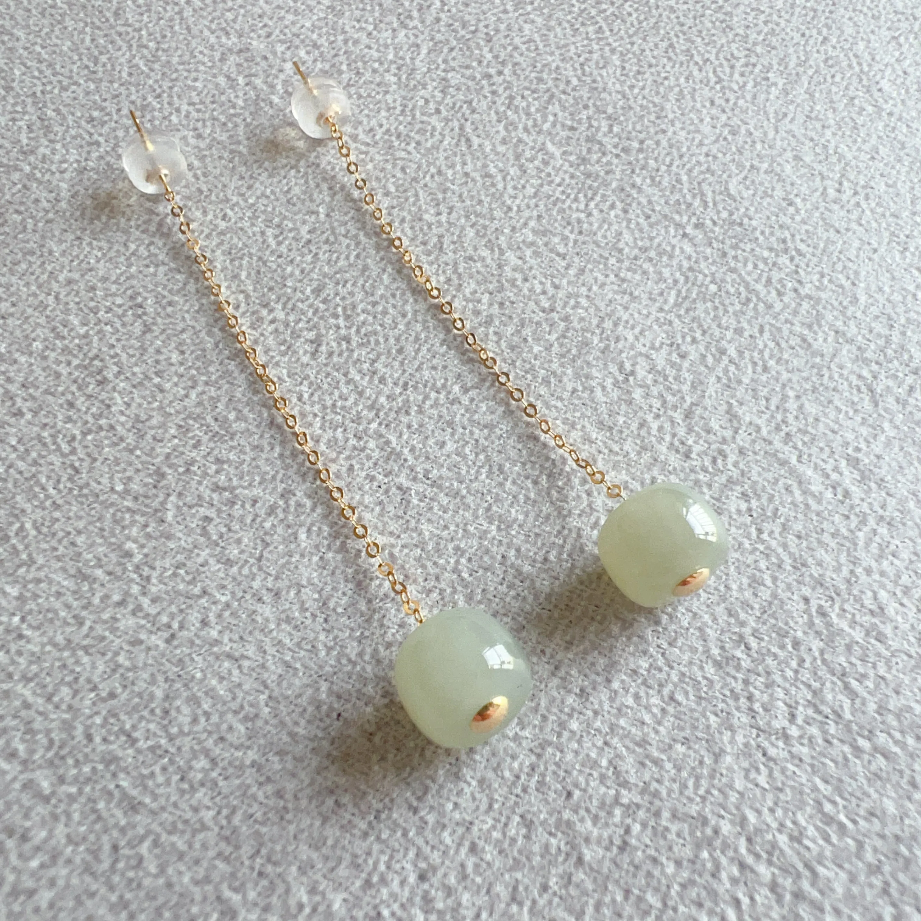 Elegant Earrings - High Quality Green Nephrite with 18K Yellow Gold Earring Chains