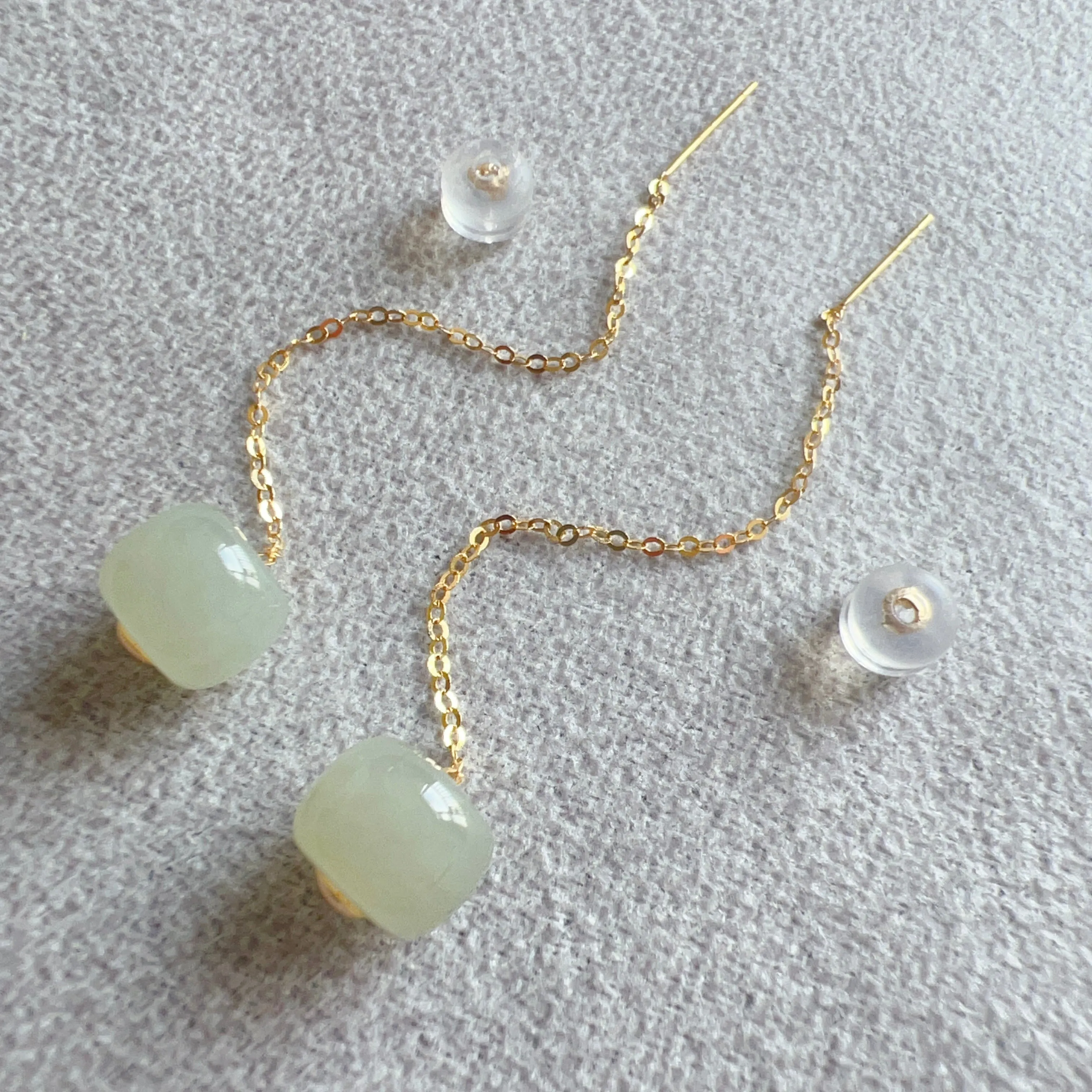 Elegant Earrings - High Quality Green Nephrite with 18K Yellow Gold Earring Chains