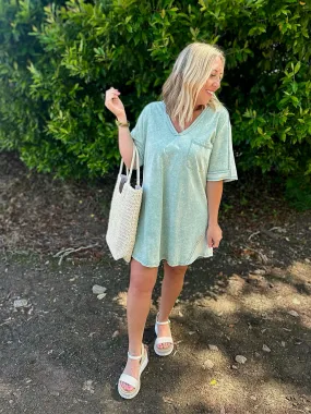 Everyday Basic Acid Wash TShirt Dress-Sage