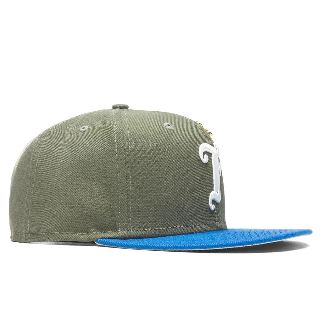 Feature x New Era Old English F Snapback Hat w/ Pin - Olive/Rainstorm Blue