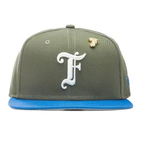 Feature x New Era Old English F Snapback Hat w/ Pin - Olive/Rainstorm Blue