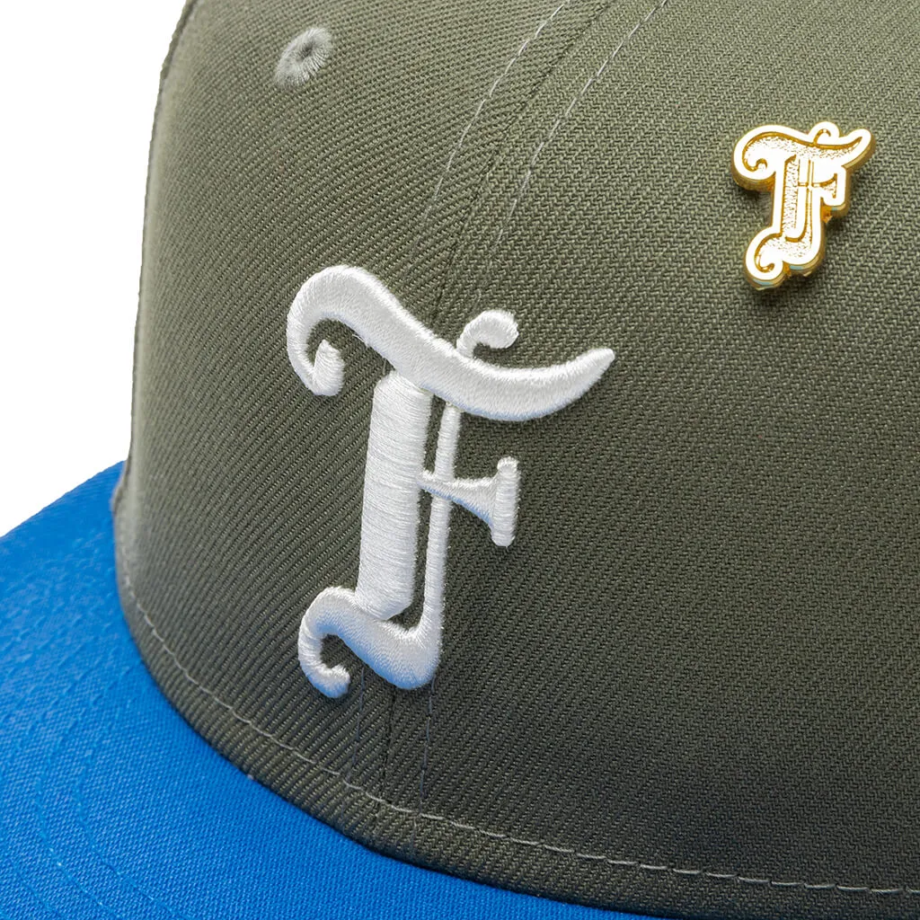 Feature x New Era Old English F Snapback Hat w/ Pin - Olive/Rainstorm Blue