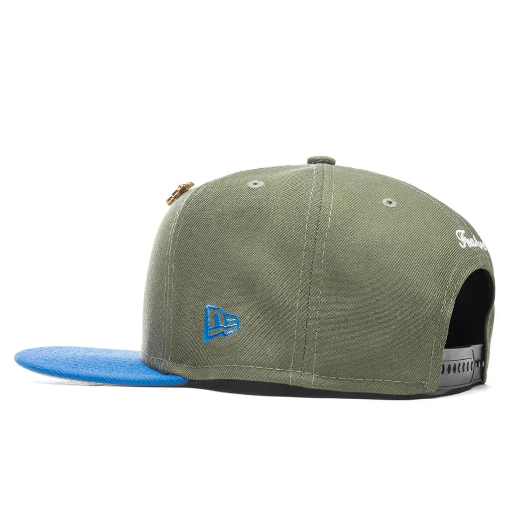 Feature x New Era Old English F Snapback Hat w/ Pin - Olive/Rainstorm Blue