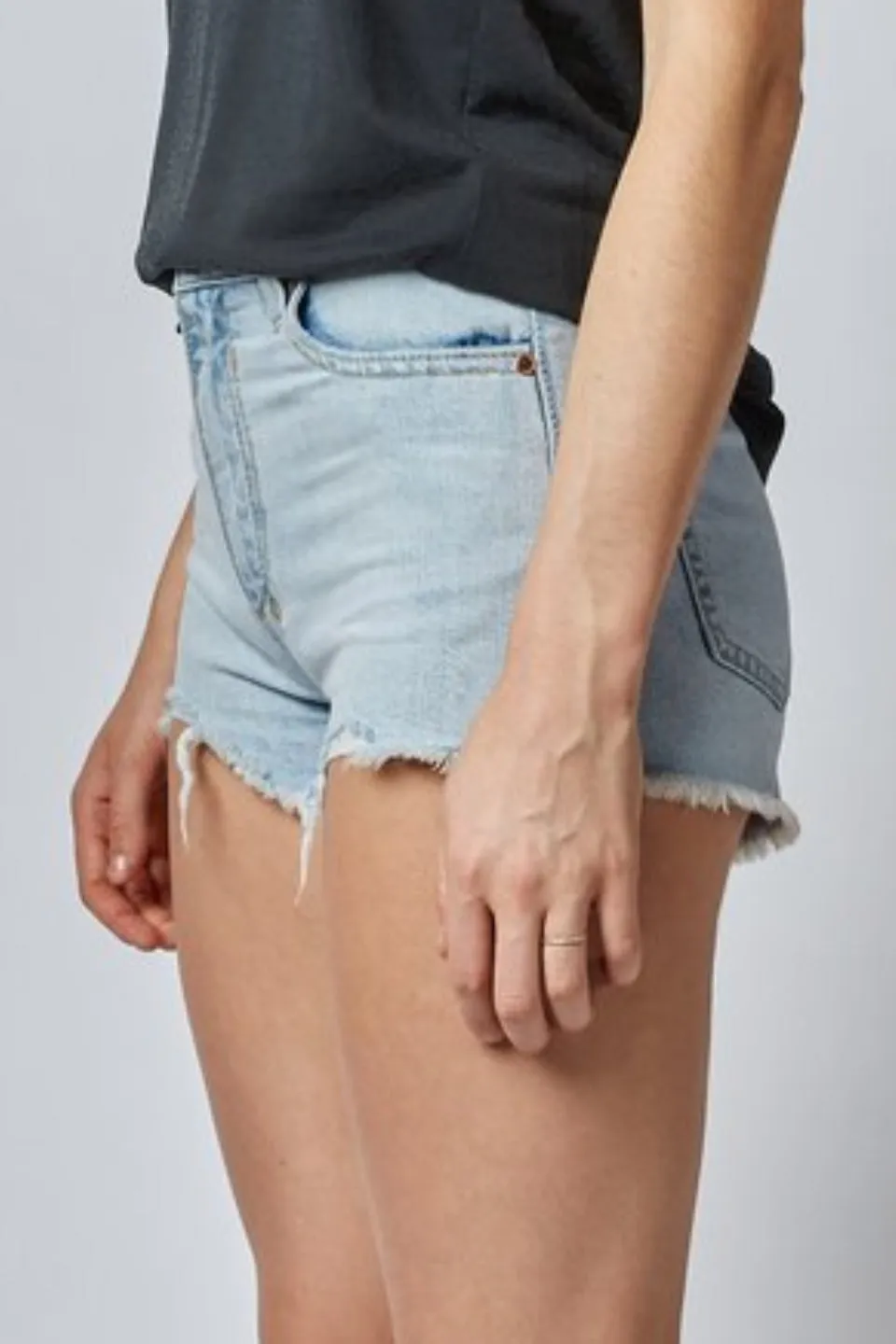 Felia High Rise Light Blue Raw Hem Denim Shorts