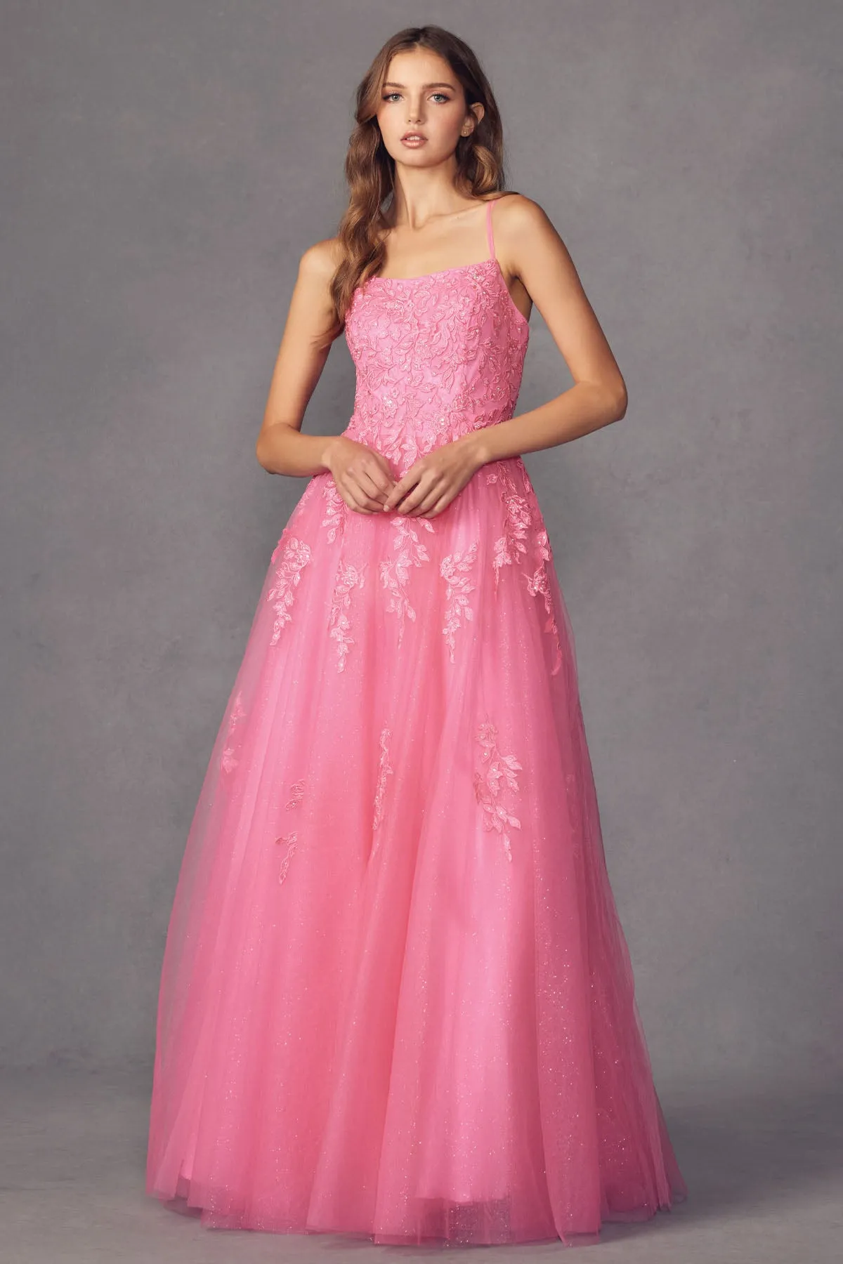 Floral applique tulle prom ball gown