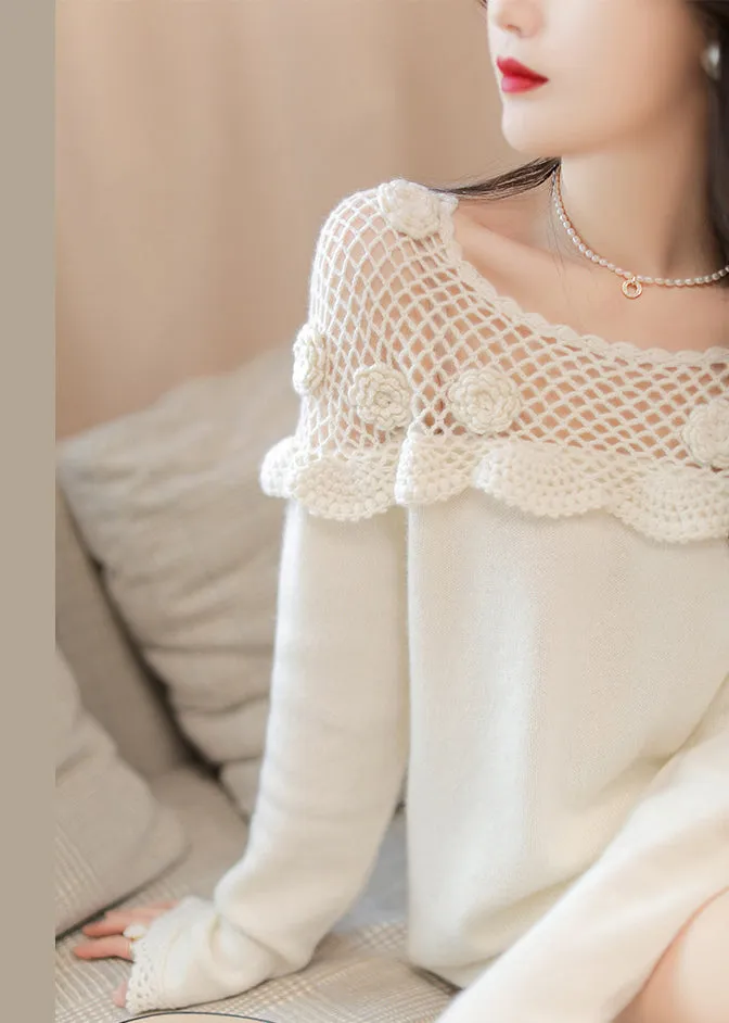 Floral White Hollow Out Patchwork Cotton Knit Top Long Sleeve AS1070