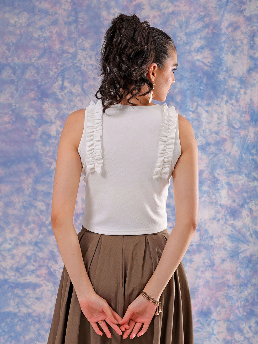 Freehand Women White Fitted Textured Scoop Neck Ruffle Top