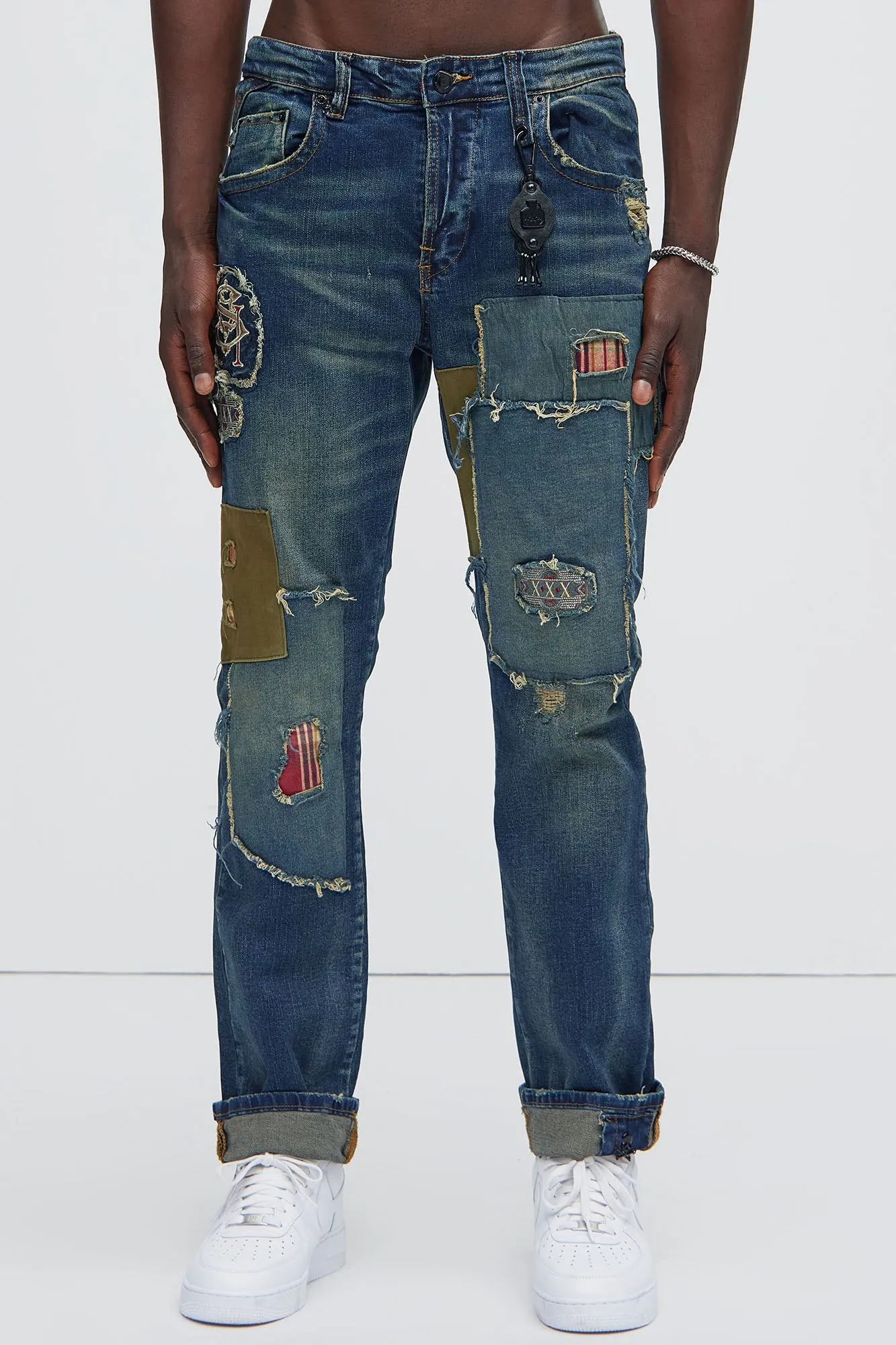 Get On My Own Patched Stacked Skinny Jeans - Indigo