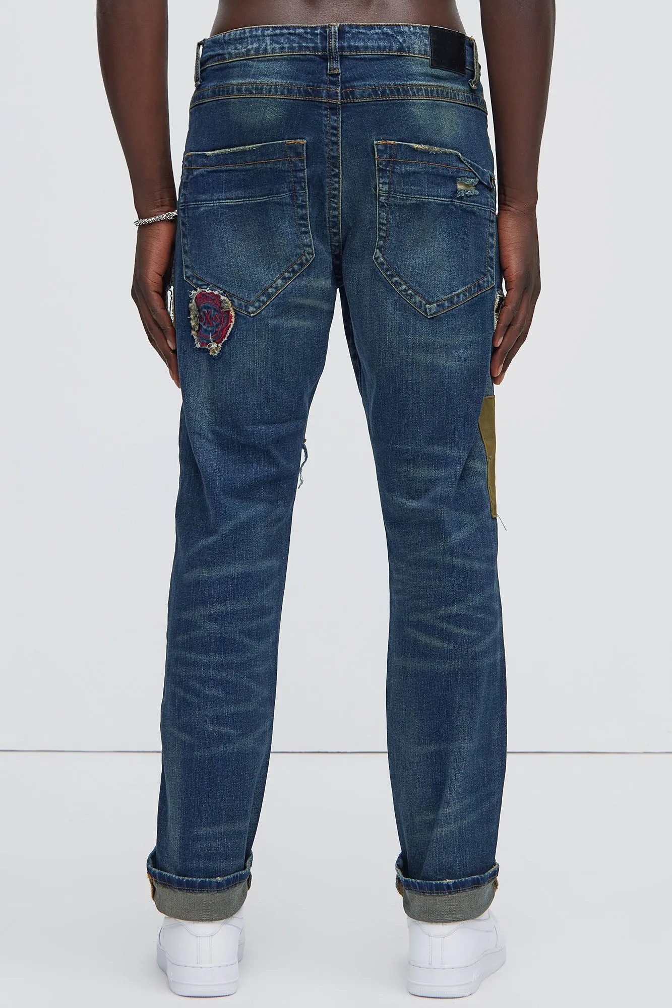 Get On My Own Patched Stacked Skinny Jeans - Indigo