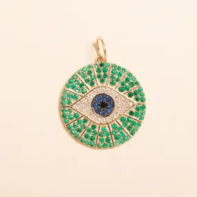 Gold Evil Eye with Emeralds, Sapphires and Diamonds Disc Pendant