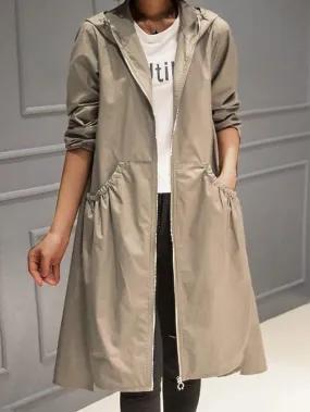 Hooded Zip-up Trench Coat for Women - Black Long Sleeve Windproof Jacket