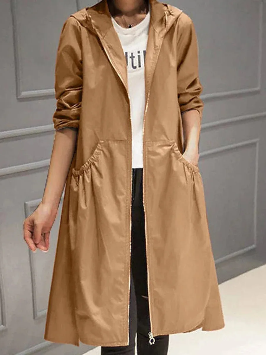 Hooded Zip-up Trench Coat for Women - Black Long Sleeve Windproof Jacket