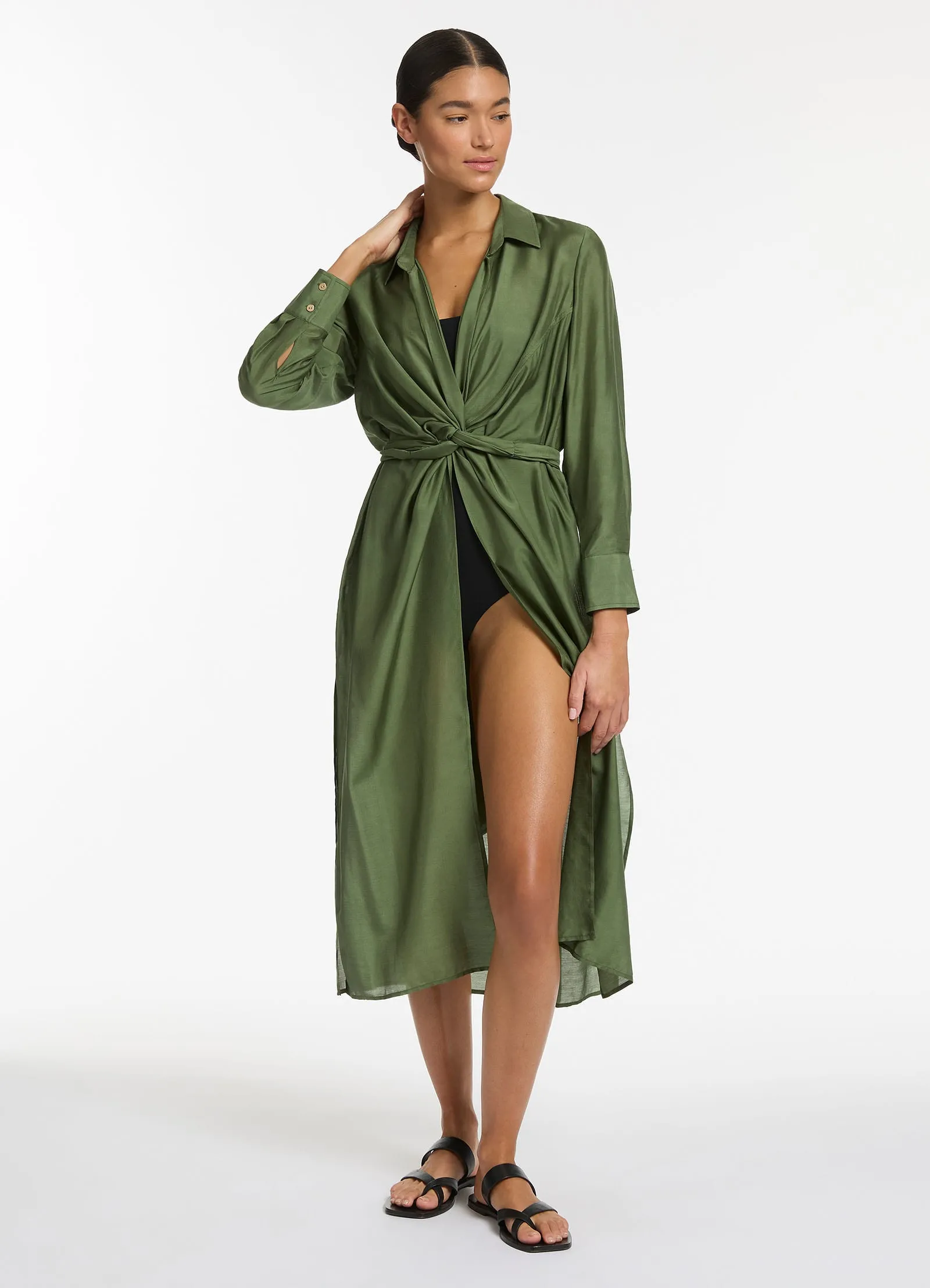 Jetset Wrap Shirt Dress - Olive