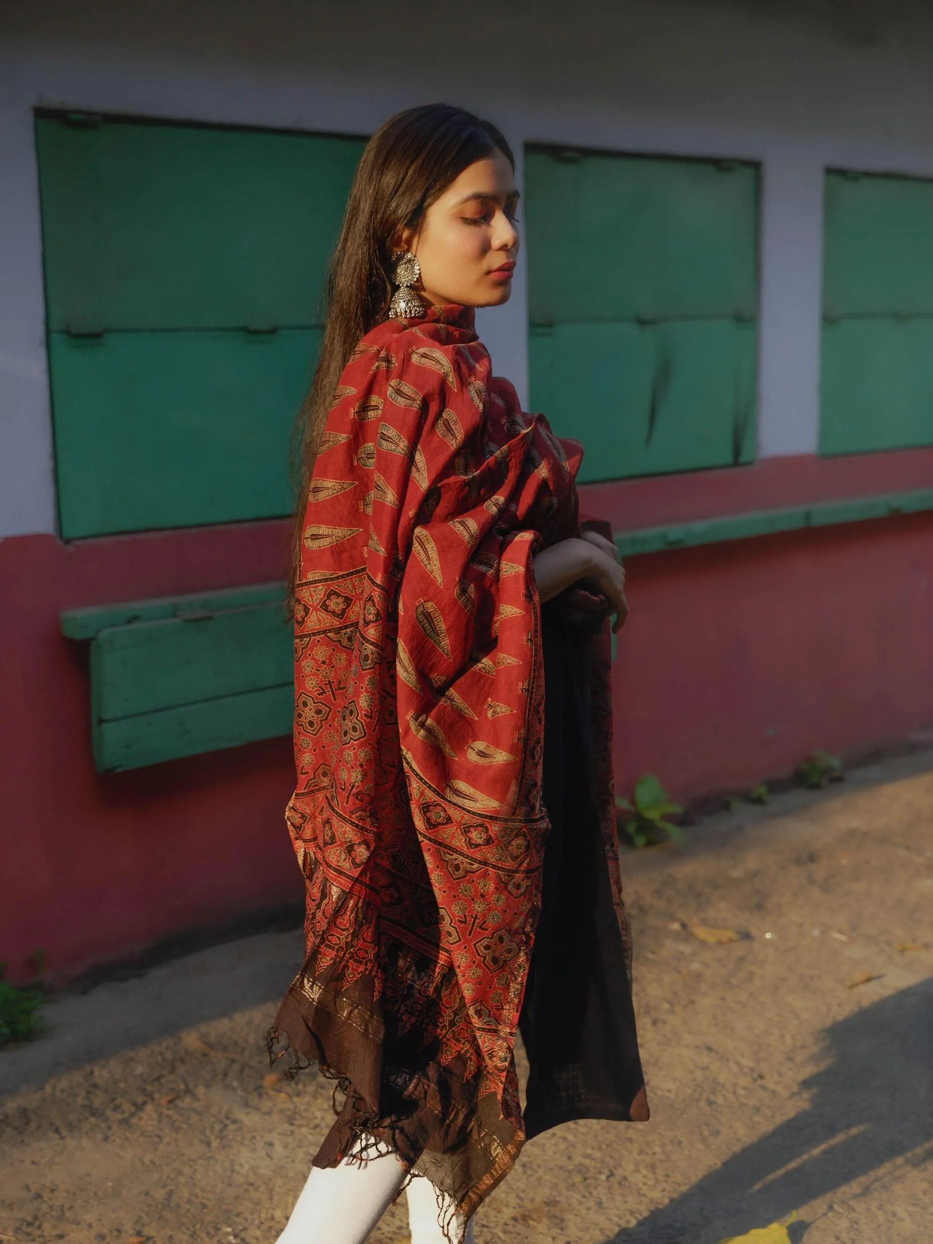 Kaisori Ajrakh Red Silk cotton dupatta