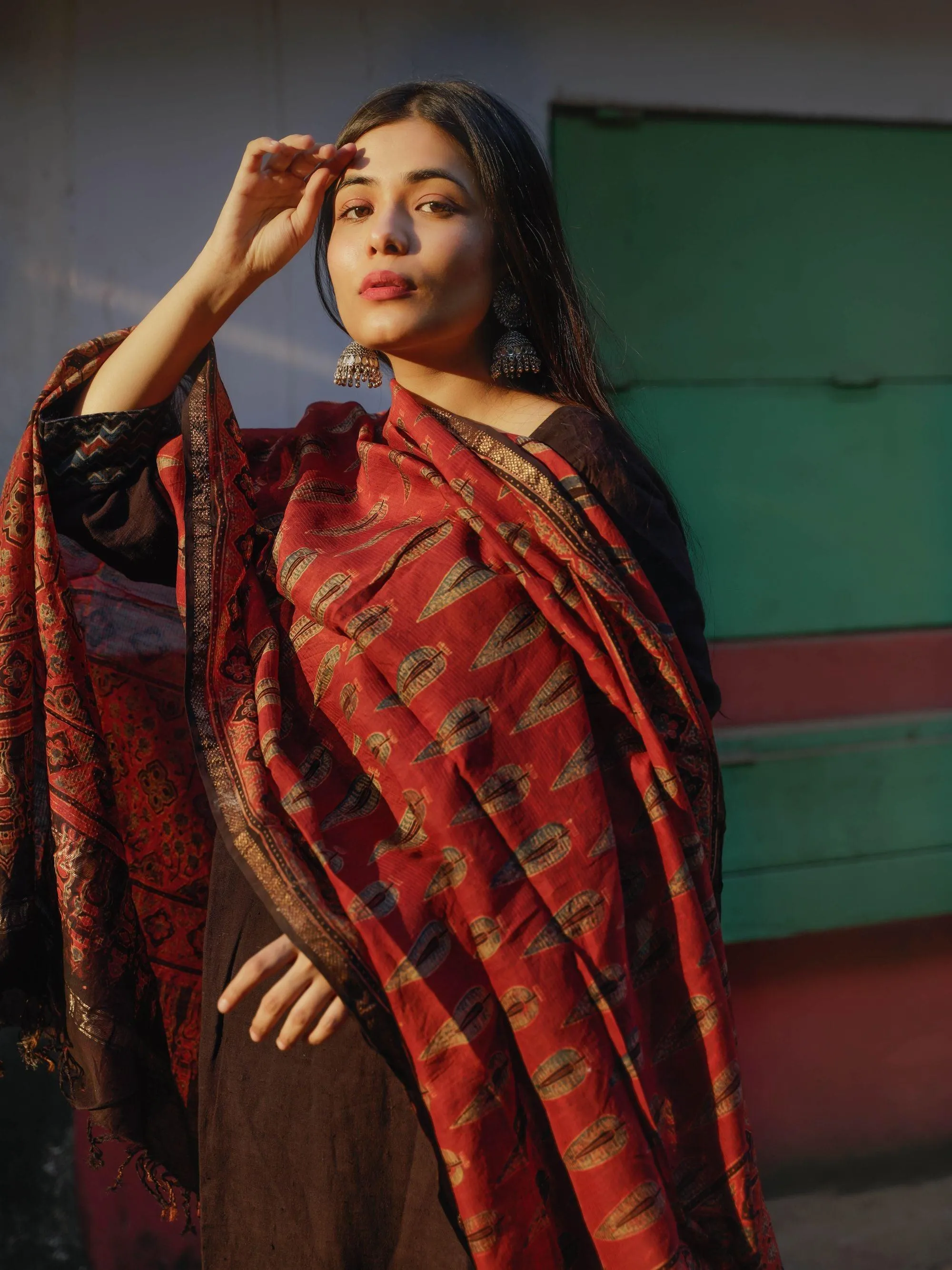 Kaisori Ajrakh Red Silk cotton dupatta