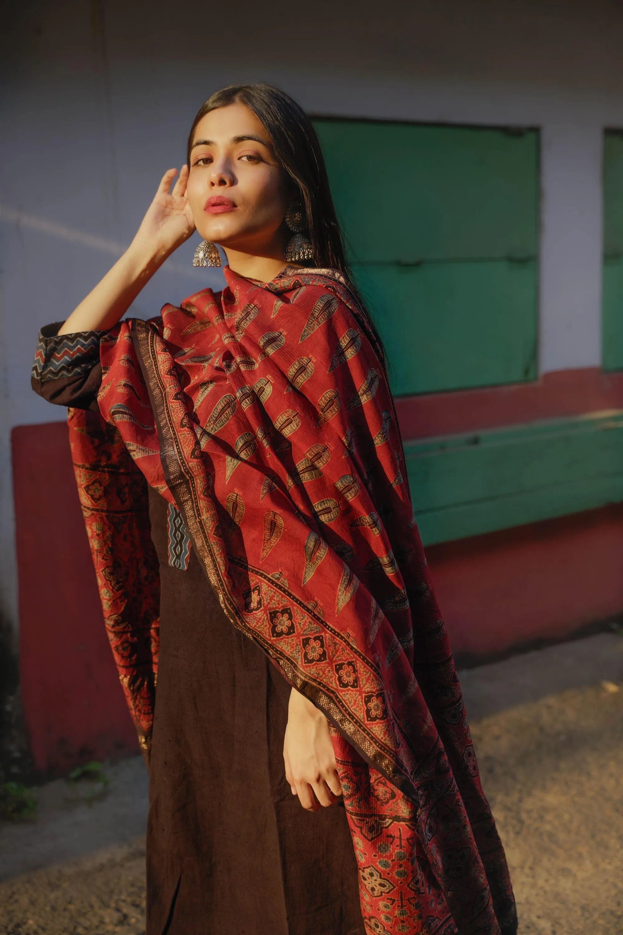 Kaisori Ajrakh Red Silk cotton dupatta