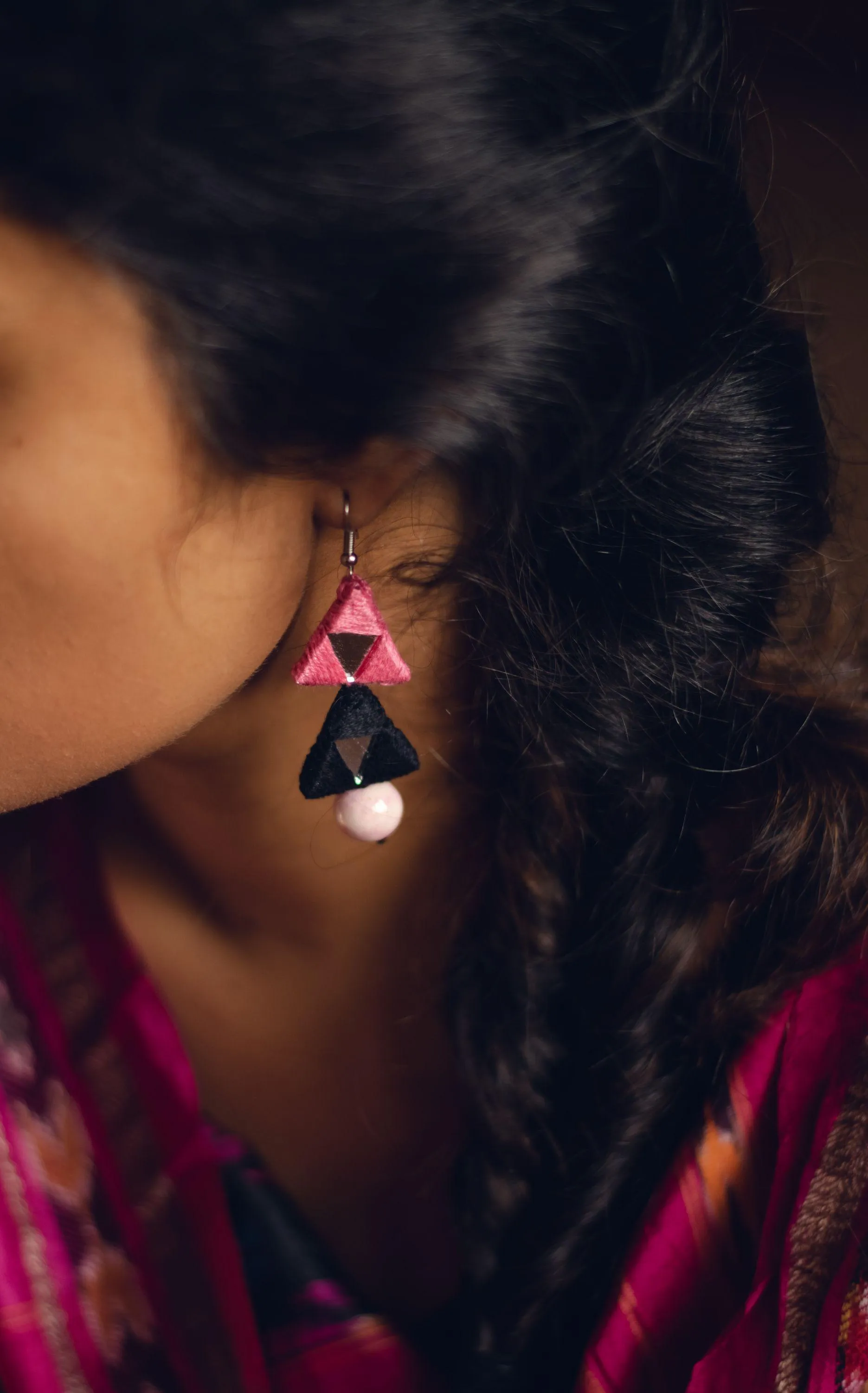 Kaisori Triad thread pottery earrings - pink and white