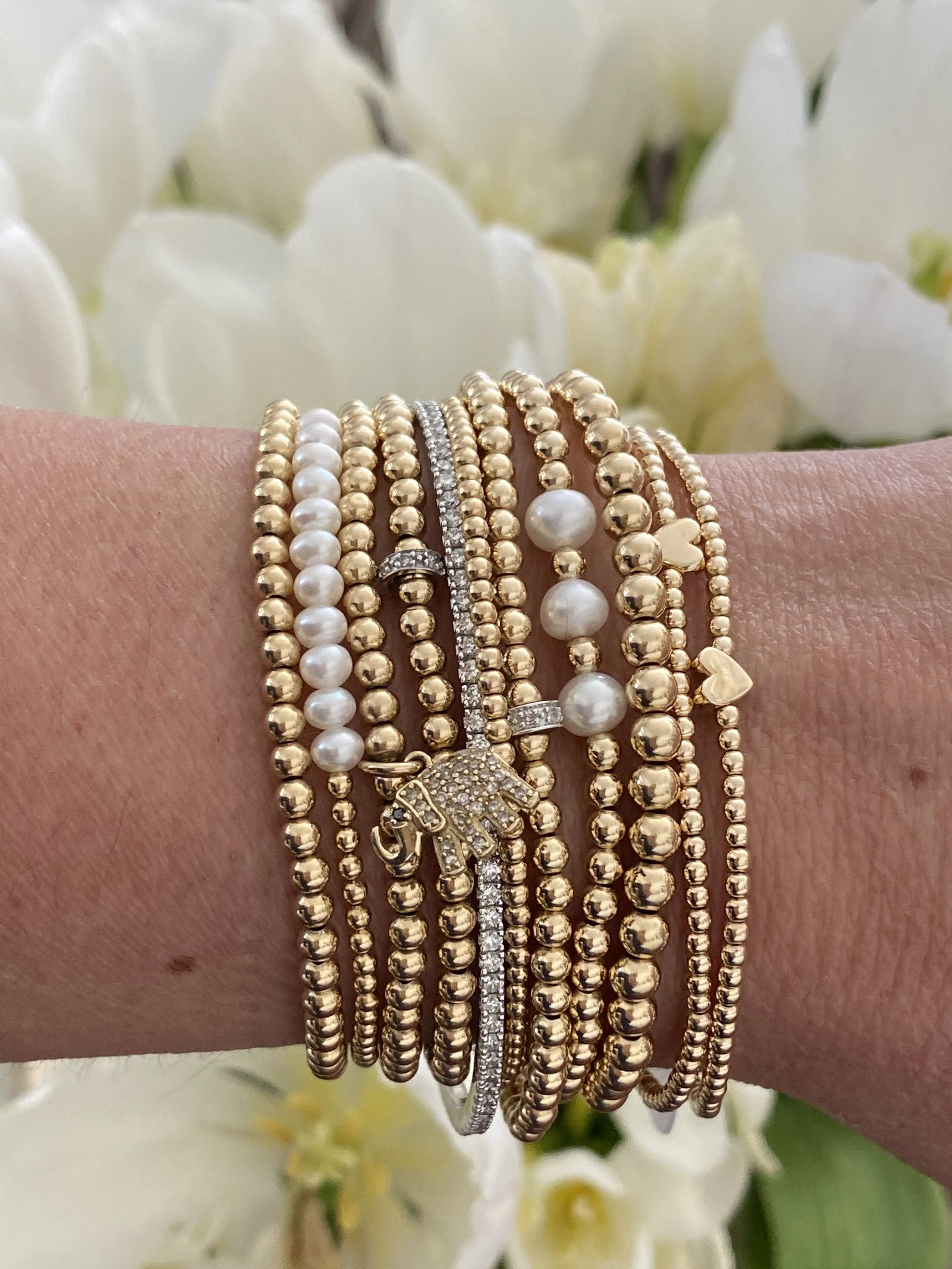 Karen Lazar  - 3 mm Yellow Gold Filled Bead Flex Bracelet with White Pearls