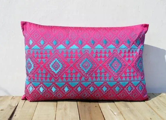 KIlim pattern embroidered pillow, hot pink and turquoise, Polytafetta pillow cover, size 14X21 inch throw pillow