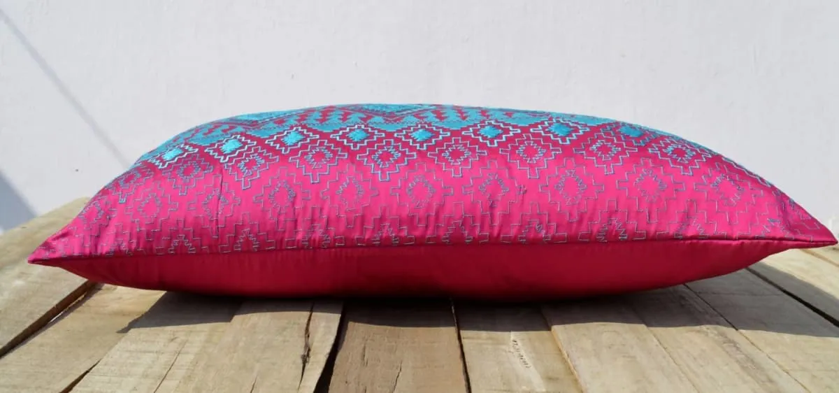 KIlim pattern embroidered pillow, hot pink and turquoise, Polytafetta pillow cover, size 14X21 inch throw pillow