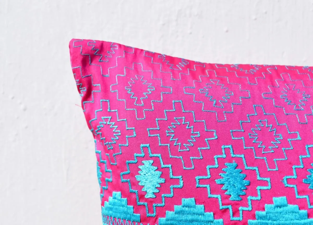 KIlim pattern embroidered pillow, hot pink and turquoise, Polytafetta pillow cover, size 14X21 inch throw pillow