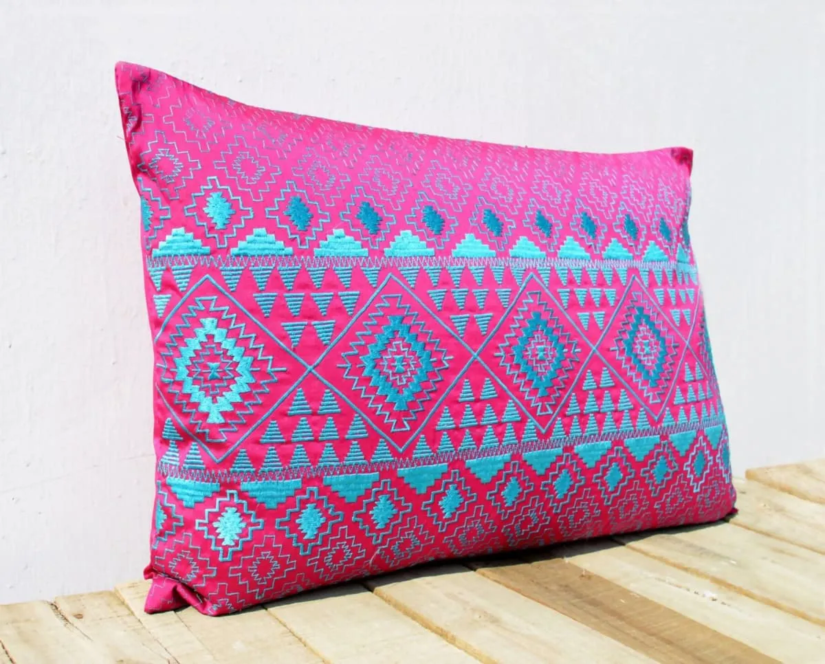 KIlim pattern embroidered pillow, hot pink and turquoise, Polytafetta pillow cover, size 14X21 inch throw pillow