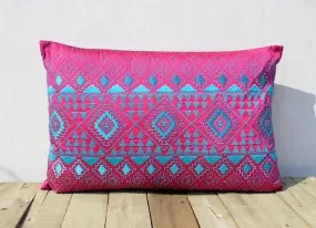 KIlim pattern embroidered pillow, hot pink and turquoise, Polytafetta pillow cover, size 14X21 inch throw pillow